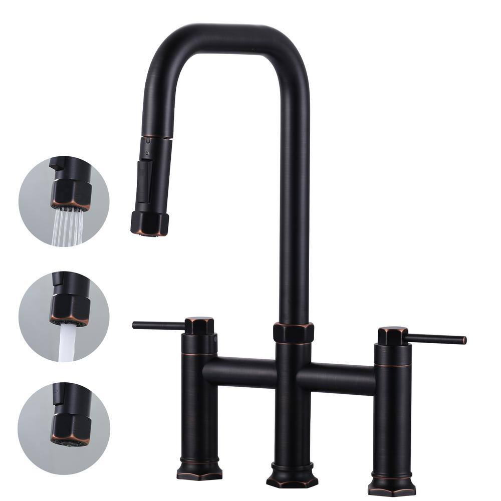 Brass Double Handle Deck Mounted Bridge Kitchen Faucet with Pull-Down Spray Head in Oil Rubbed Bronze price history on PriceWatchPro