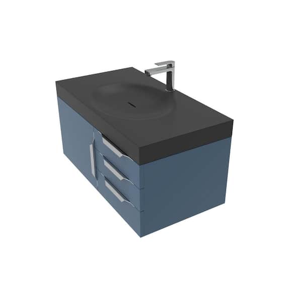 castellousa Thames 36 in. W x 19 in. D x 16.25 H Single Floating Bath Vanity in Matte Blue w Chrome Trim w Solid Surface Black Top