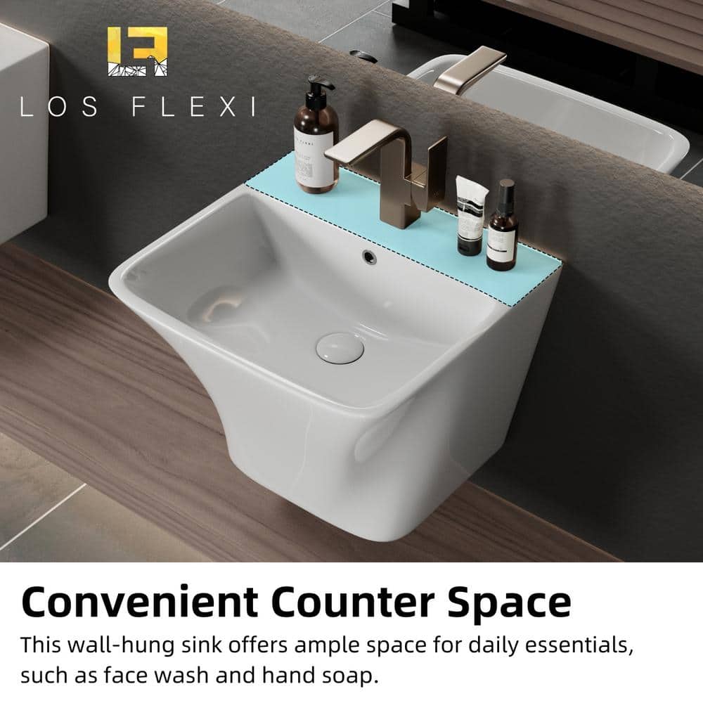 Glossy White Ceramic Wall-Mount Rectangular Vessel Sink with Stainless Steel Drain