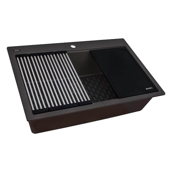 epiStage 33 in. Drop-in SIngle Bowl Worstation Kitchen Sink in Esspresso Brown Granite Composite with Accessories