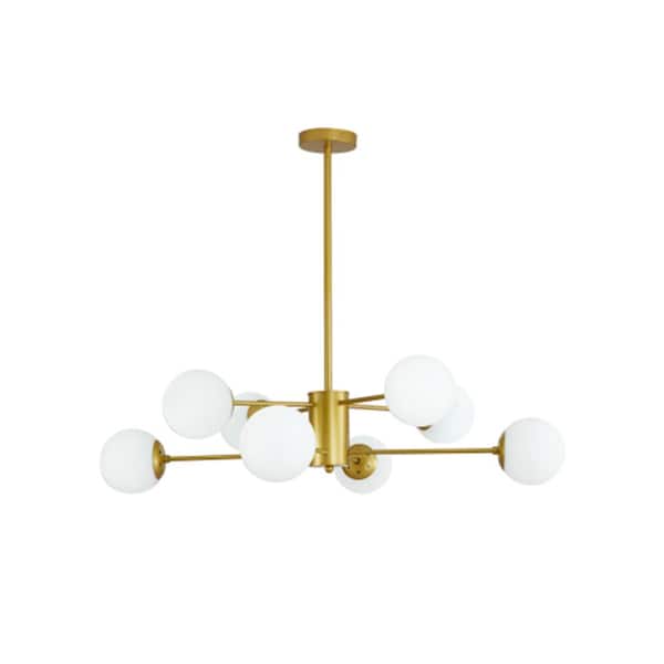 8-Light Gold Metal Branching Ceiling Light Chandelier for Living Room with White Frosted Glass Globes, No Bulbs Included
