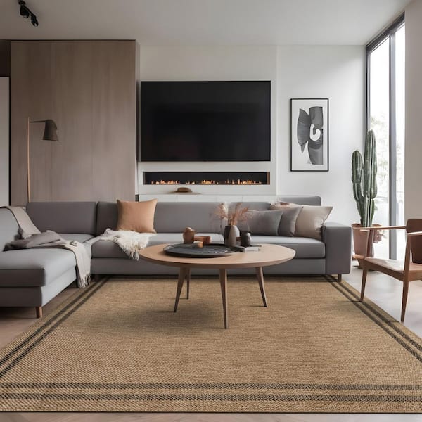 Haven 8 ft. x 10 ft. Natural Border Striped Washable Easy Jute Modern Indoor Outdoor Area Rug