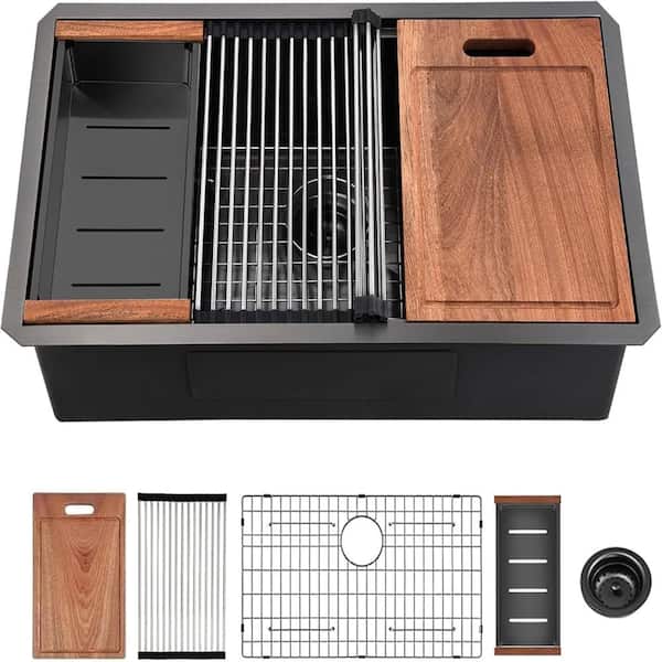 32" Gunmetal Black Undermount Workstation Sink 16G Stainless Steel 32x19 R10 Single Bowl with Accessories