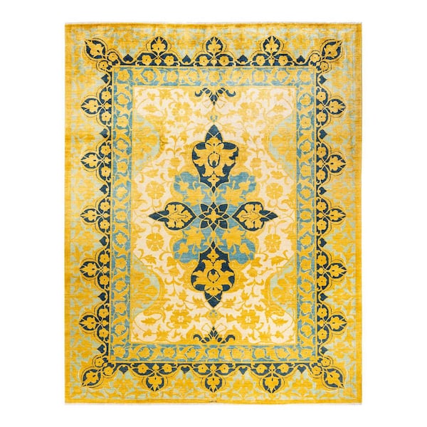 Eclectic Yellow 9 x 12 Floral Wool Indoor Area Rug
