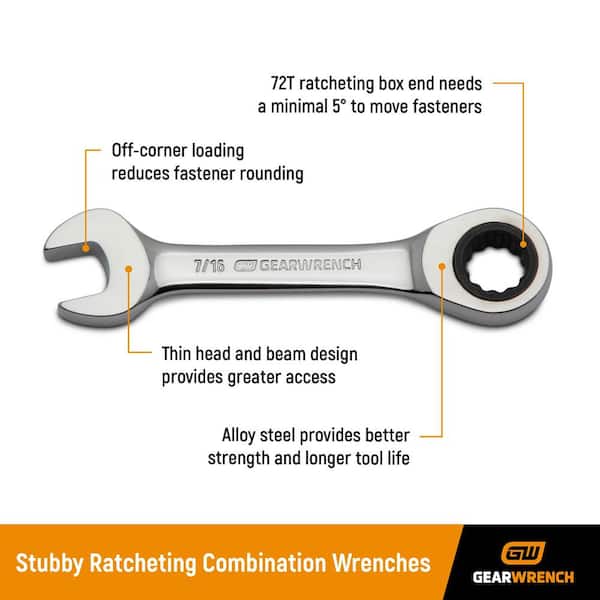 SAE 72-Tooth Stubby Combination Ratcheting Wrench Tool Set (7-Piece)