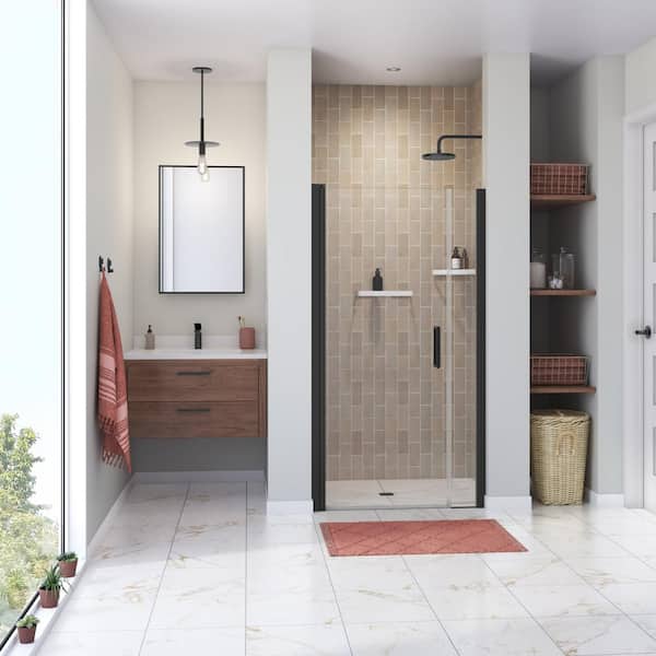 Manhattan 39 in. to 41 in. W in. x 68 in. H Pivot Frameless Shower Door with Clear Glass in Matte Black