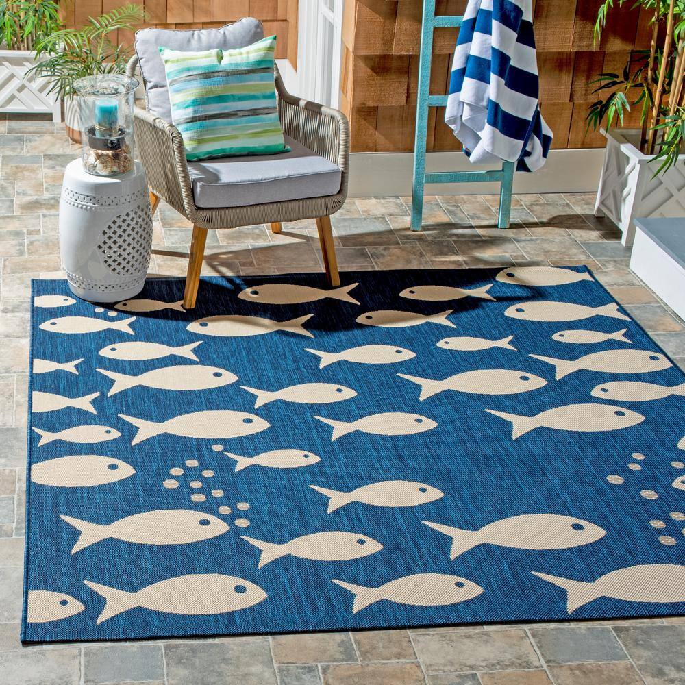 Navy and Beige 6'7" Square Synthetic Flat Woven Rug