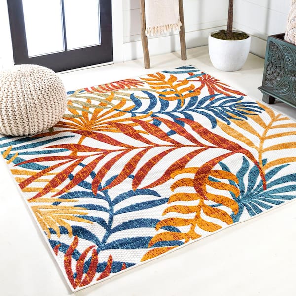 Tropics Palm Leaves Cream/Orange 5 ft. Square Indoor/Outdoor Area Rug