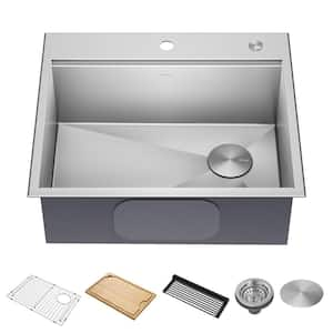 Kore 25 in. Drop-In Single Bowl 16 Gauge Stainless Steel Kitchen Workstation Bar Sink with Accessories