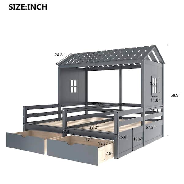 Polibi Gray Wood Frame Twin Size Platform Bed with 2-Drawers