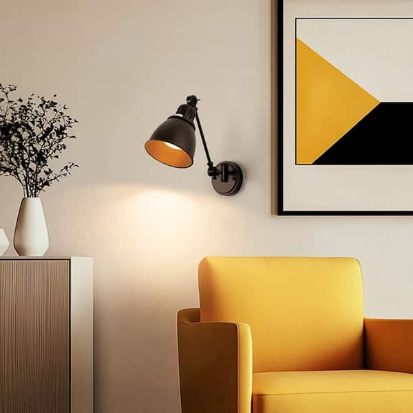 6 In. Plug-In Wall Sconces Set of 2, Perfect for Bedroom or Cozy Reading Nook Black and Gold Metal Swing Arm Wall Lamps