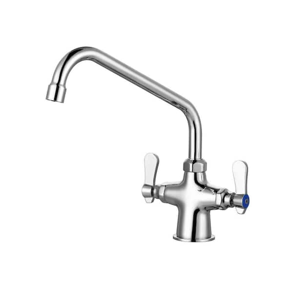 Brass Commercial Double Handle Deck Mount Standard Kitchen Faucet with Swivel Spout and Supply Lines in Polished Chrome