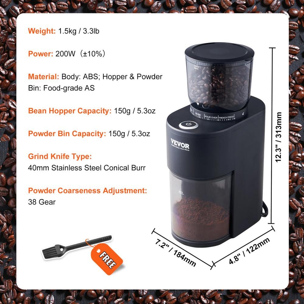 Black Electric Stainless Steel Conical Burr Coffee Grinder