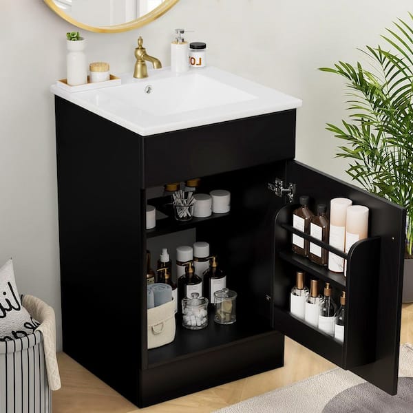 20 in. W Single Sink Freestanding Black Bath Vanity with White Ceramic Top, Adjustable Shelves, Unassembled