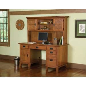 58 in. Rectangular Cottage Oak 5 Drawer Computer Desk with Solid Wood Material