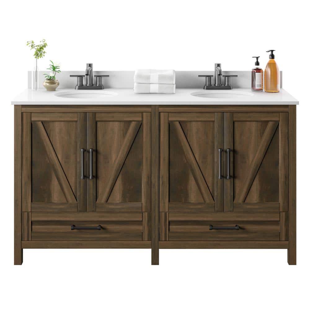 Canyon Lake Pine Double Bathroom Vanity with White Stone Top