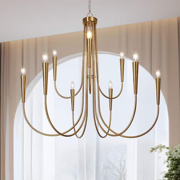 41.3 in. Classic 9-Light Plating Brass 2-Tier Candlestick Island Chandelier with Curvy Arms for Kitchens Dining Rooms