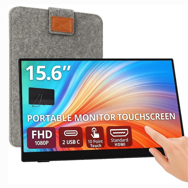 EKIEUDL Portable 10-Point Touchscreen 15.6 1080P Monitor with Protective Sleeve and Built-in Stand, 1200:1 HDMI USB-C for Laptop