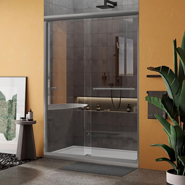 Fab Glass and Mirror Economy Semi Frameless Double Sliding Shower Door 44 in. -48 in. W x 70-3/8 in. H Clear Tempered Glass 1/4 in. Thick