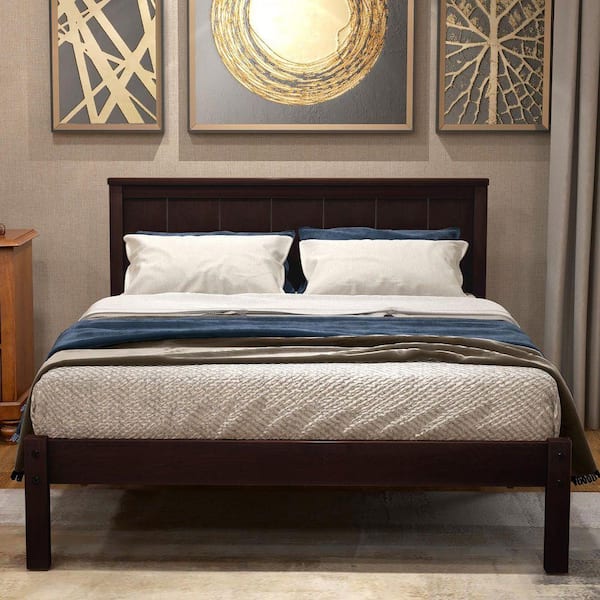Twin Size Espresso Platform Bed Frame with Headboard, Wood Platform Bed, Wood Slat Support, No Box Spring Needed
