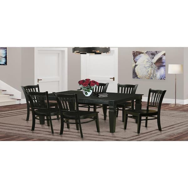7-Piece Rectangle Black Finish Solid Wood Top Dining Table with 6 Chairs with Lattice Back