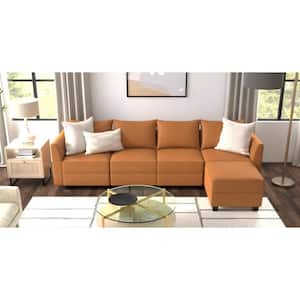 56.1 in. Faux Leather Modern 4-Seater Upholstered Sectional Sofa Bed with Ottoman in. Caramel