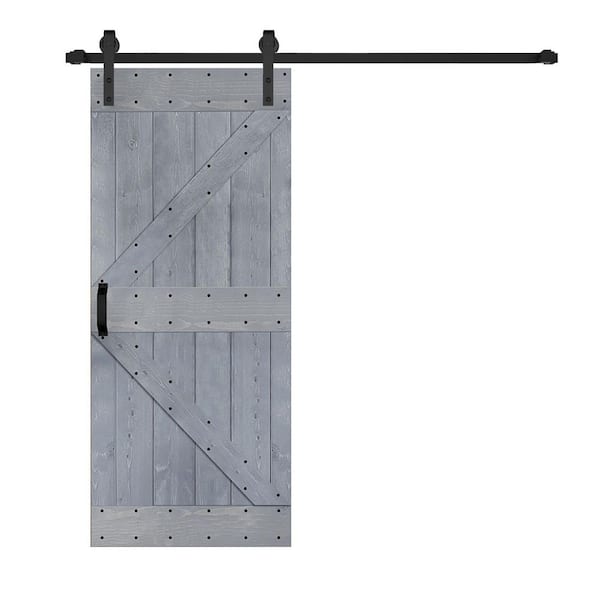 ISLIFE K Style 36 in. x 84 in. Dark Gray Finished Soild Wood Sliding Barn Door with Hardware Kit - Assembly Needed