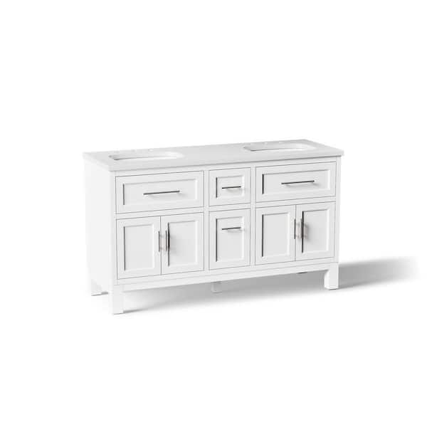 Quo 61in. Double Sink Freestanding White Bath Vanity with White Quartz Top Assembled