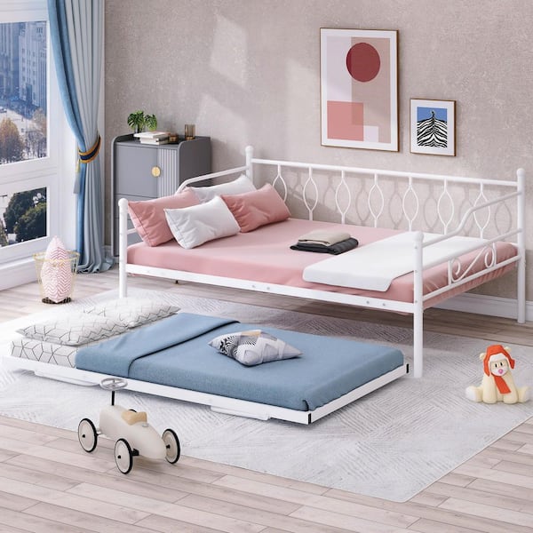 GOJANE White Full Size Metal Daybed with Twin Size Adjustable Trundle, Portable Folding Trundle
