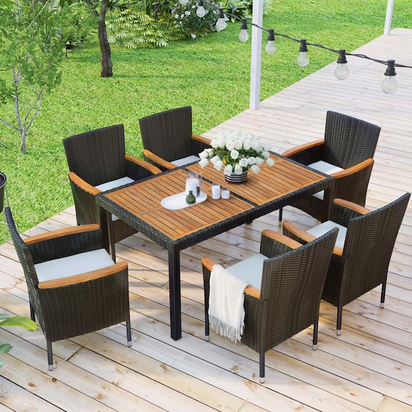 Unbranded Brown 7-Piece Wicker Outdoor Dining Set Garden PE Rattan Dining Table and Chairs Set with Cushions, Acacia Wood Tabletop