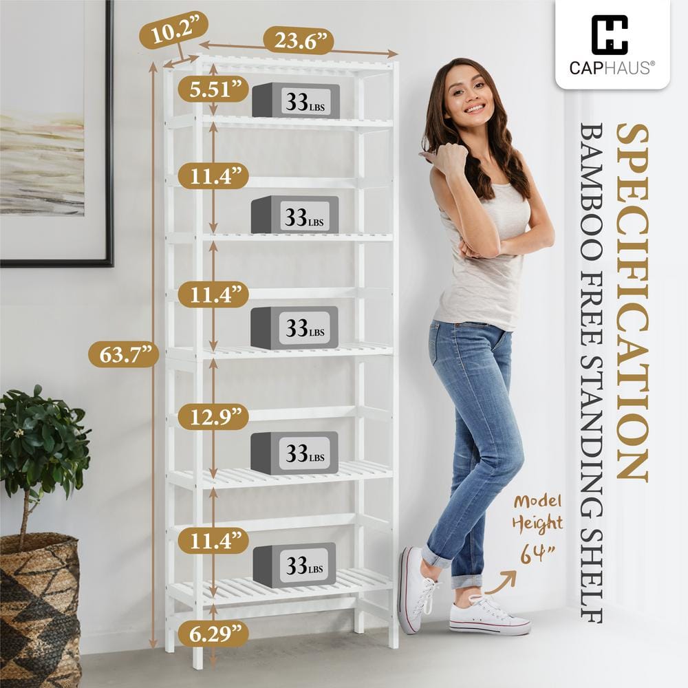 White 6-Tier Adjustable Bamboo Bookcase with Open Back