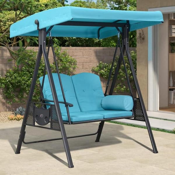 PURPLE LEAF 2-Person All-Weather Steel Frame Porch Swing Adjustable Tilt Canopy, Cushions and Pillow Included, Turquoise Blue