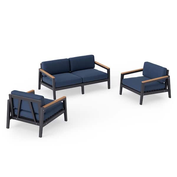 NewAge Products Rhodes 4-Seater 3-Piece Aluminum Outdoor Patio Conversation Set With Spectrum Indigo Cushions
