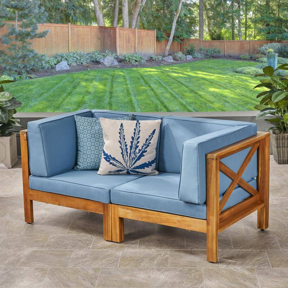 Teak and Blue Acacia Wood Outdoor Sectional Loveseat with Cushions