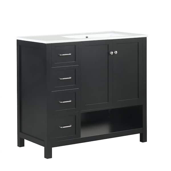 ANGELES HOME 36 in. Solid Wood Bath Vanity in Black with White Ceramic Top, Single Sink, 2-Doors, 2-Drawers