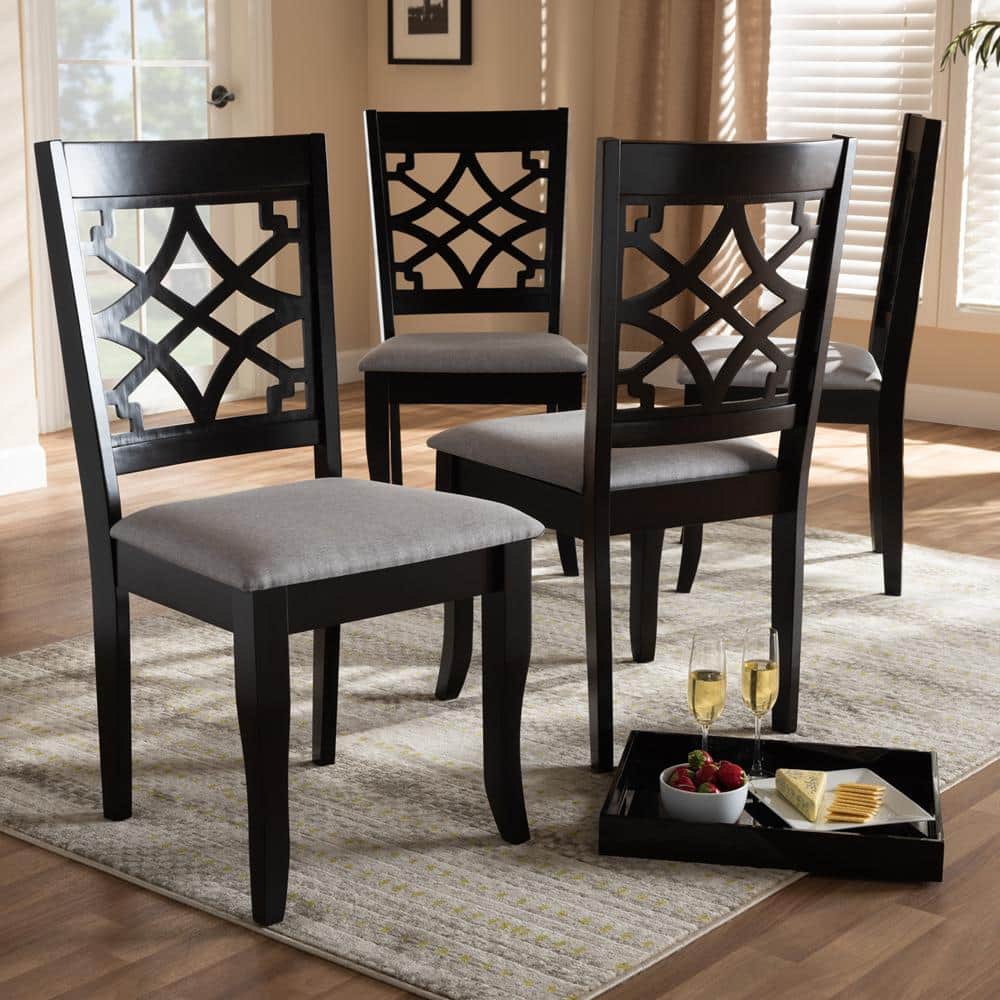 Gray Upholstered Oak Wood Dining Chairs with Cut-Out Back, Set of 4