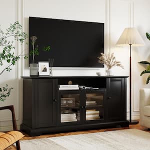 59.80 in. W Black TV Stand Fits TV up to 65 in. with 2-Tempered Glass Doors Adjustable Panels Open Style Cabinet