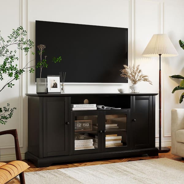 59.80 in. W Black TV Stand Fits TV up to 65 in. with 2-Tempered Glass Doors Adjustable Panels Open Style Cabinet