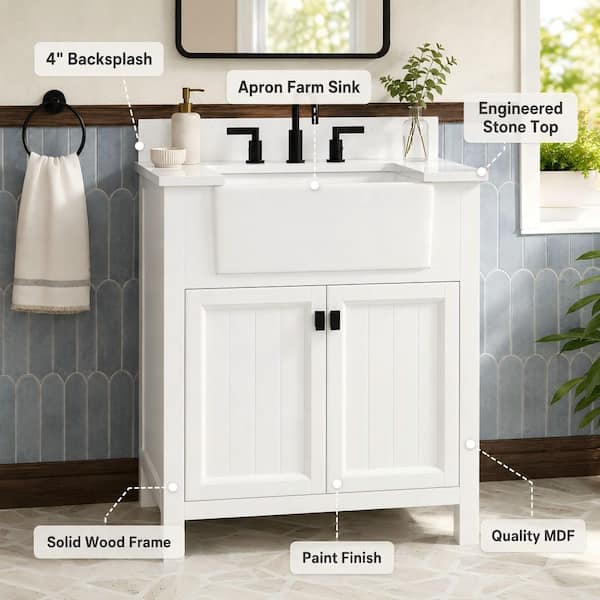 Richfield 31 in. Single Sink Freestanding White Bath Vanity with White Engineered Stone Top and Backsplash Assembled