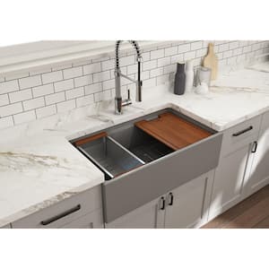 Step-Rim Matte Gray Fireclay 33 in. Single Bowl Farmhouse Apron Front Workstation Kitchen Sink with Accessories