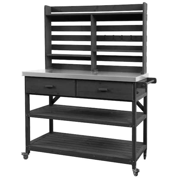 Outdoor 243.2 Gal. 52 in. Black Potting Bench Table with Lockable Wheels Outdoor Kitchen Island Deck Box