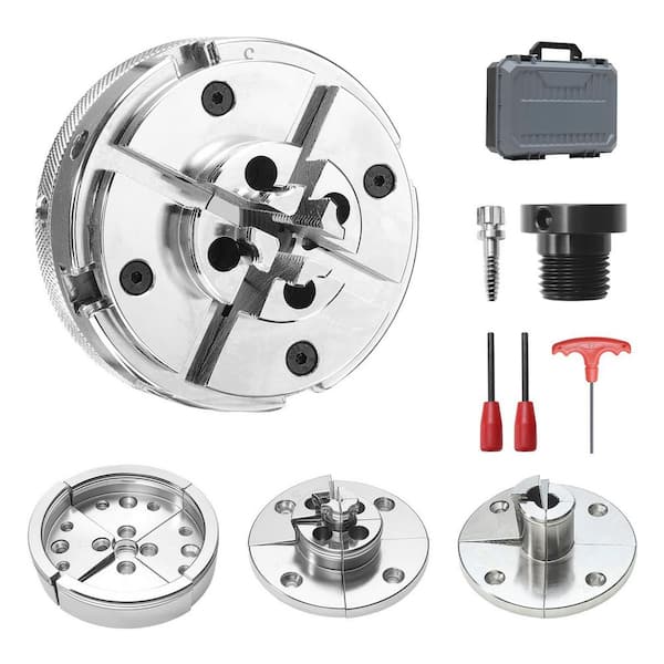 4 in Wood Lathe Chuck, 4-Jaw Self-Centering, 1 in. x 8 TPI with Adapter, 4 Jaw Types and Case, Nickel-Plated Steel