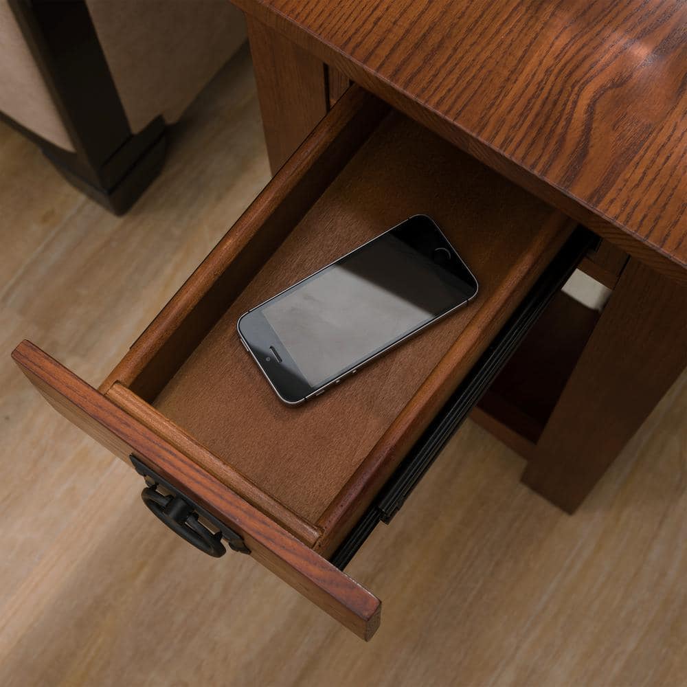 Medium Oak Mission Style Side Table with Drawer and Shelf