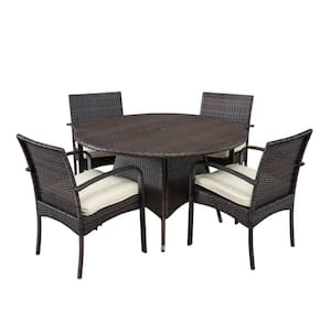 Theodore Multi-Brown and White 5-Piece Faux Rattan Outdoor Dining Set with Beige Cushions