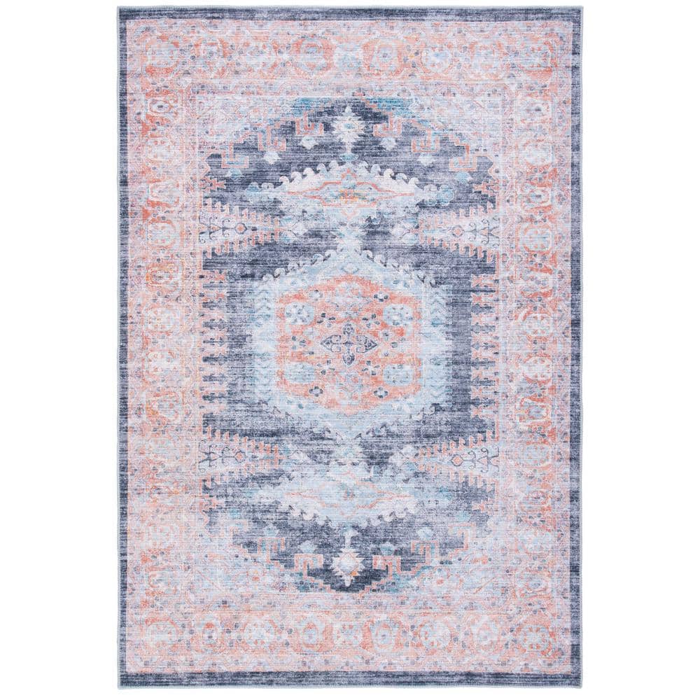Serapi Blue and Terracotta Synthetic Chenille 4' x 6' Washable Rug