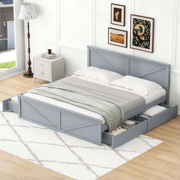 Qualler Gray Wood Frame King Size Platform Bed with 4 Drawers