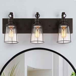 Farmhouse Rustic Dark Brown Vanity Light, 22 in. 3-Light Antique Cage Bathroom Wall Sconce with Seeded Glass Shades