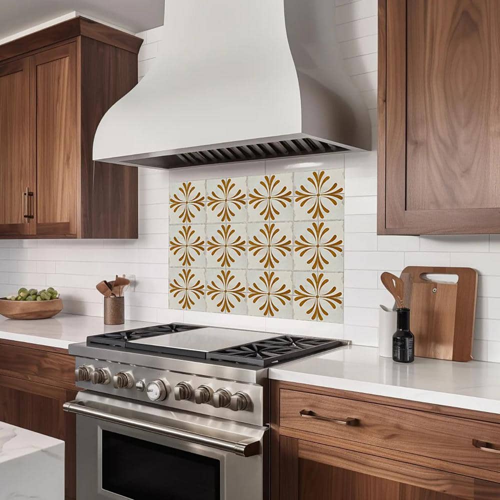 Beige and Gold Vintage Flower Vinyl Peel & Stick Tiles 8x8-inch
