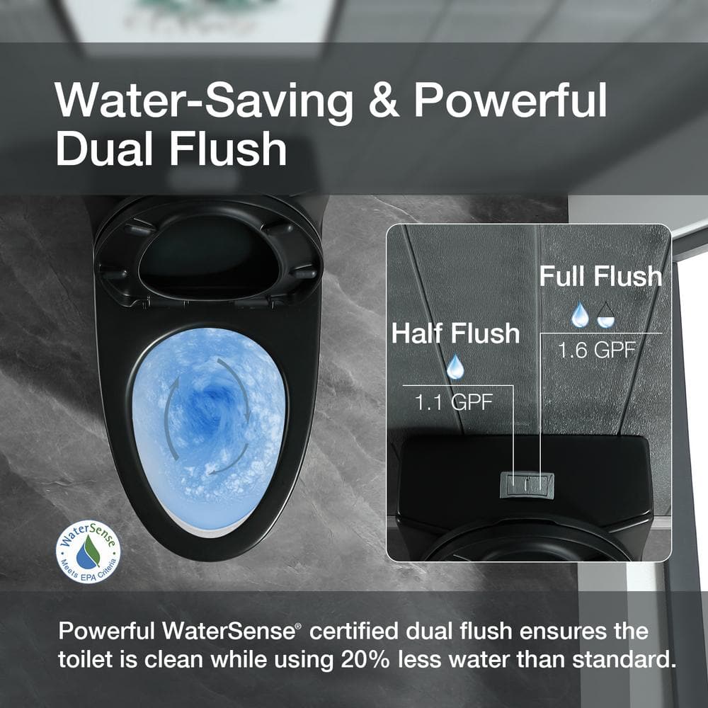 Matte Black Ceramic Dual-Flush Elongated One-Piece Toilet