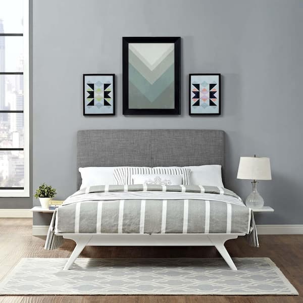 MODWAY Tracy White Gray Wood Frame Full Platform Bed with Upholstered Headboard and Side Table